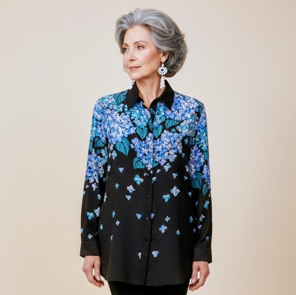 Bob Mackie Silk Floral Blouse 1X Sequins Blue Beaded Art to Wear Wearable Art